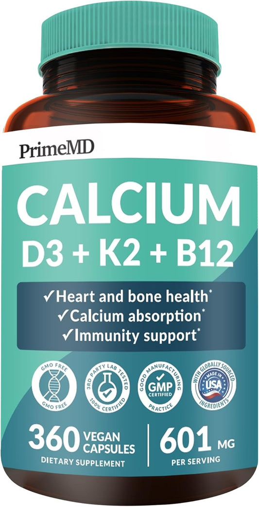 360 ct PrimeMD Calcium Supplements - 600mg Calcium, Vitamin D3 K2 5000 IU - Heart, Bone & Body Defense - Gluten-Free, Vegan - Men & Women