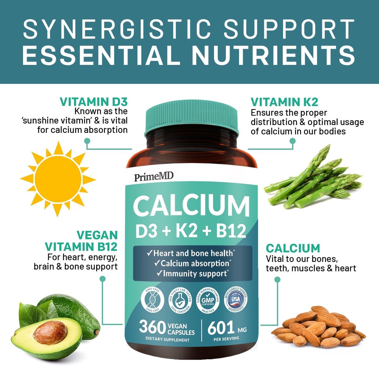360 ct PrimeMD Calcium Supplements - 600mg Calcium, Vitamin D3 K2 5000 IU - Heart, Bone & Body Defense - Gluten-Free, Vegan - Men & Women