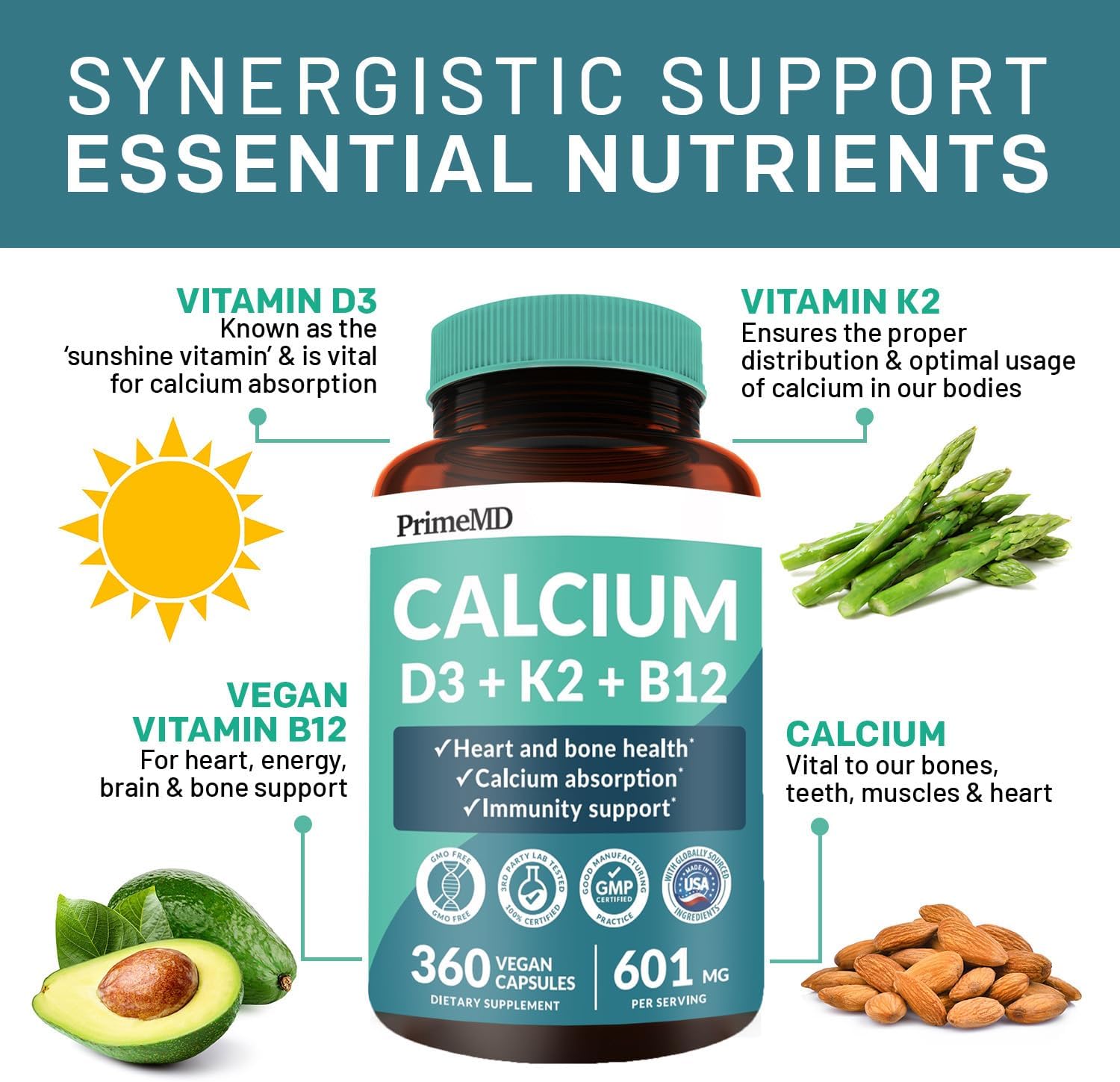 360 ct PrimeMD Calcium Supplements - 600mg Calcium, Vitamin D3 K2 5000 IU - Heart, Bone & Body Defense - Gluten-Free, Vegan - Men & Women