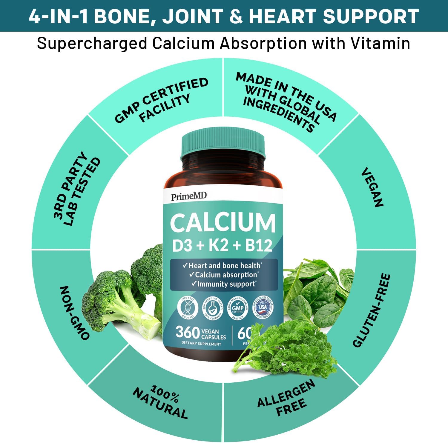 360 ct PrimeMD Calcium Supplements - 600mg Calcium, Vitamin D3 K2 5000 IU - Heart, Bone & Body Defense - Gluten-Free, Vegan - Men & Women