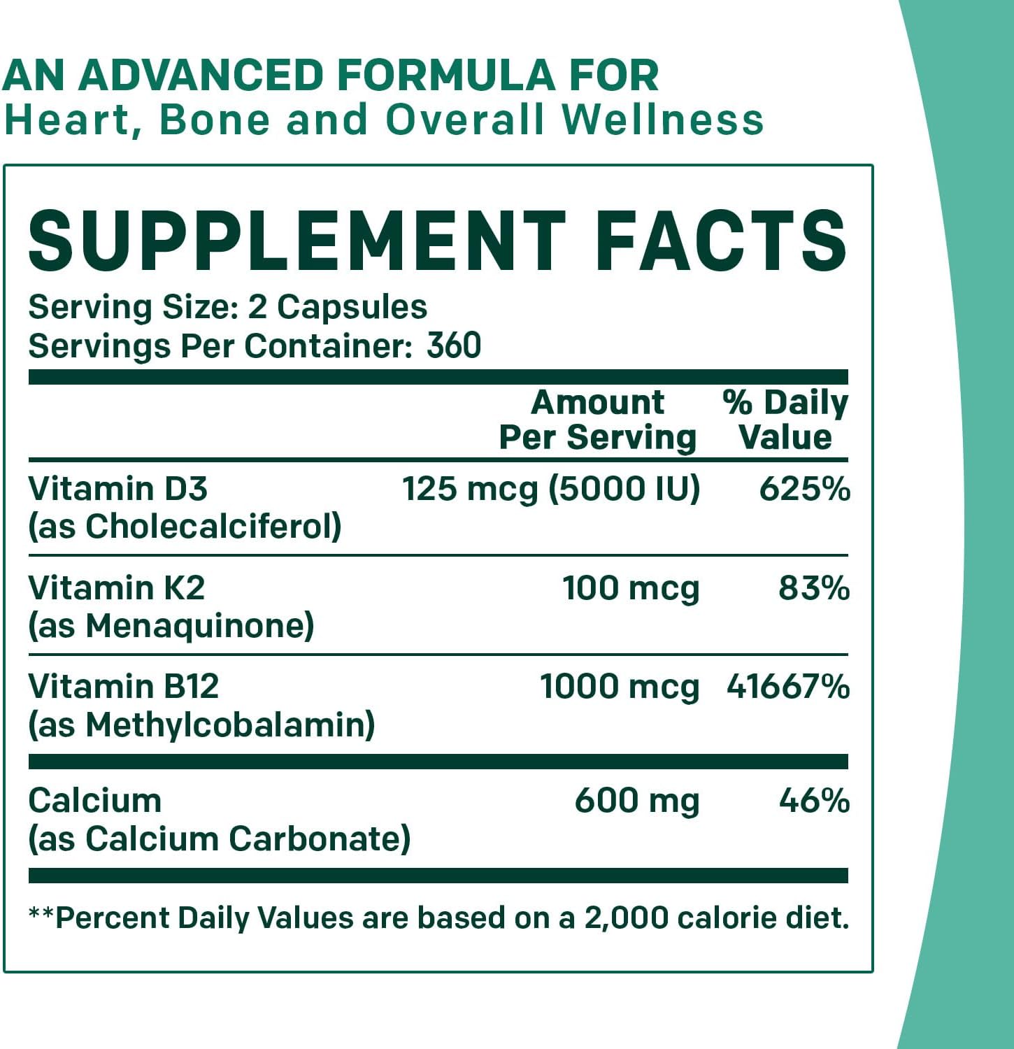 360 ct PrimeMD Calcium Supplements - 600mg Calcium, Vitamin D3 K2 5000 IU - Heart, Bone & Body Defense - Gluten-Free, Vegan - Men & Women