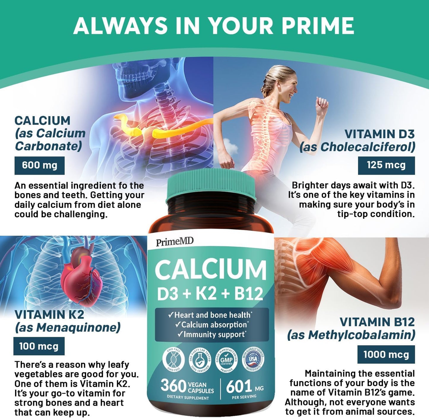 360 ct PrimeMD Calcium Supplements - 600mg Calcium, Vitamin D3 K2 5000 IU - Heart, Bone & Body Defense - Gluten-Free, Vegan - Men & Women