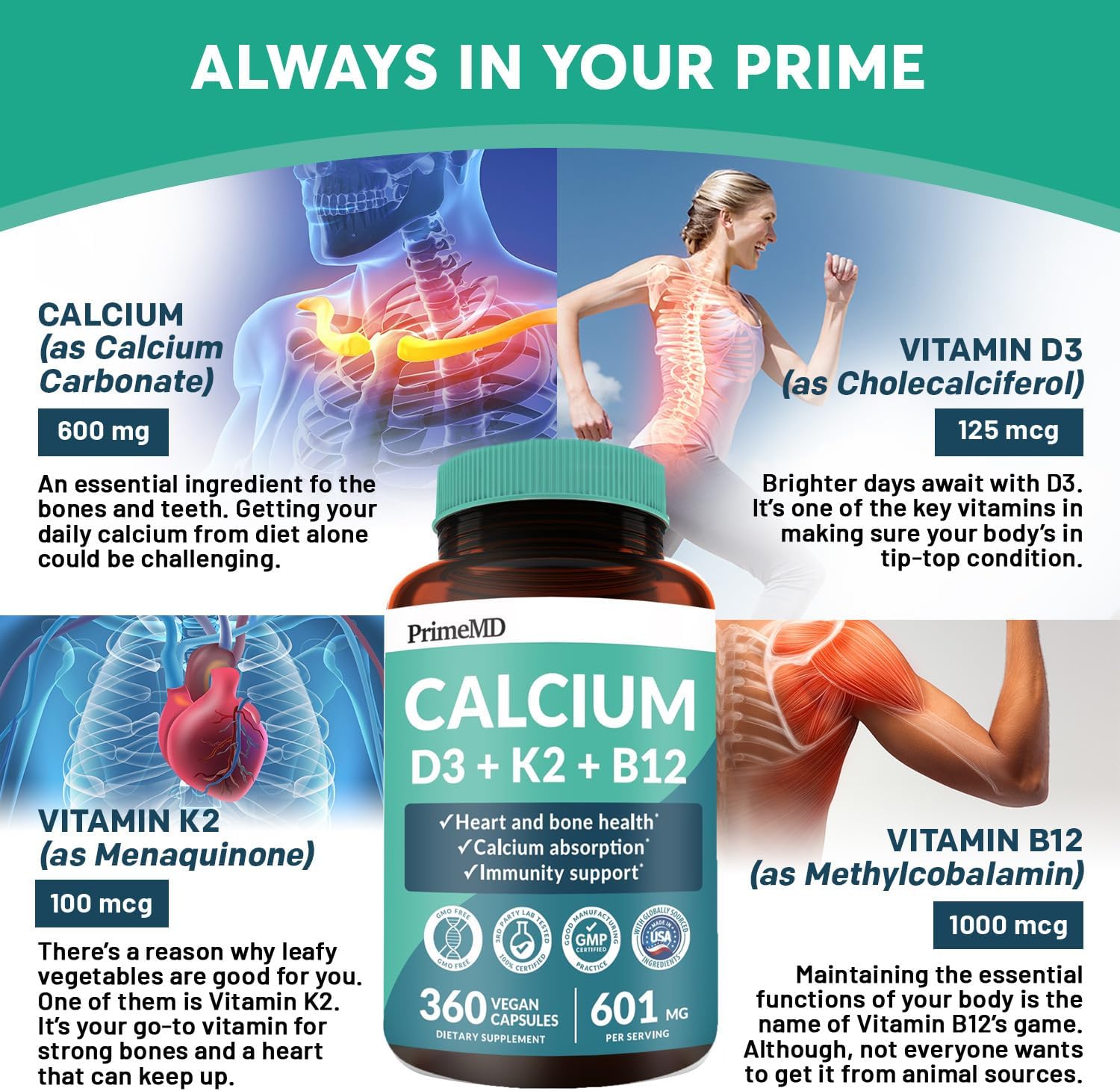360 ct PrimeMD Calcium Supplements - 600mg Calcium, Vitamin D3 K2 5000 IU - Heart, Bone & Body Defense - Gluten-Free, Vegan - Men & Women