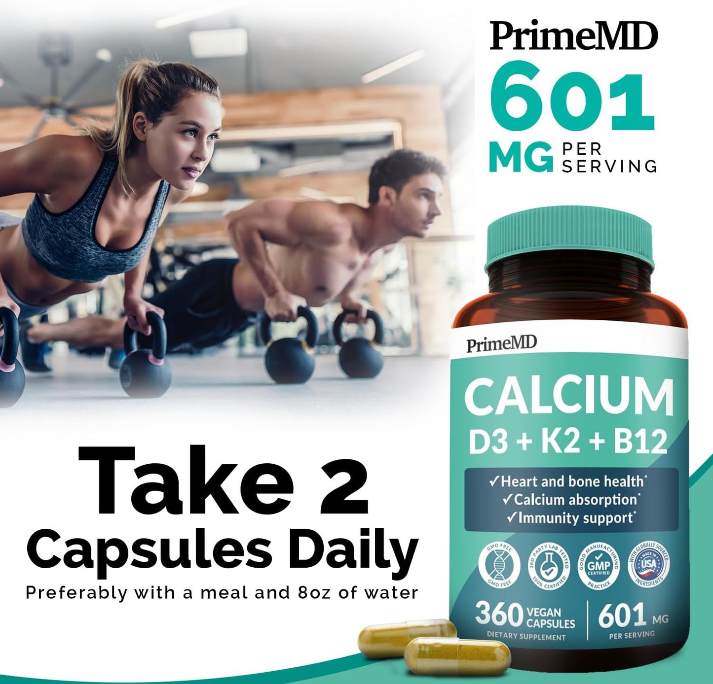 360 ct PrimeMD Calcium Supplements - 600mg Calcium, Vitamin D3 K2 5000 IU - Heart, Bone & Body Defense - Gluten-Free, Vegan - Men & Women