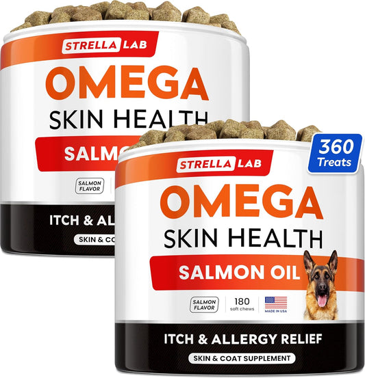 360 Ct StrellaLab Omega 3 Fish Oil Treats for Dogs - Skin & Coat Supplement - Allergy Relief - Anti Shedding & Hot Spots - Salmon Flavor