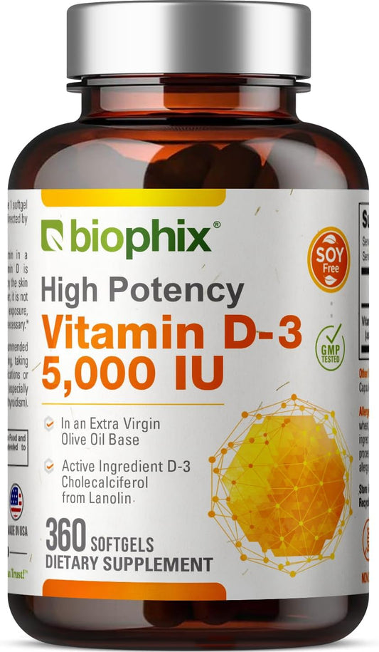 360 High-Potency Vitamin D-3 5000 IU Softgels with Extra Virgin Olive Oil - Non-GMO & Soy-Free for Strong Bones & Immune Health