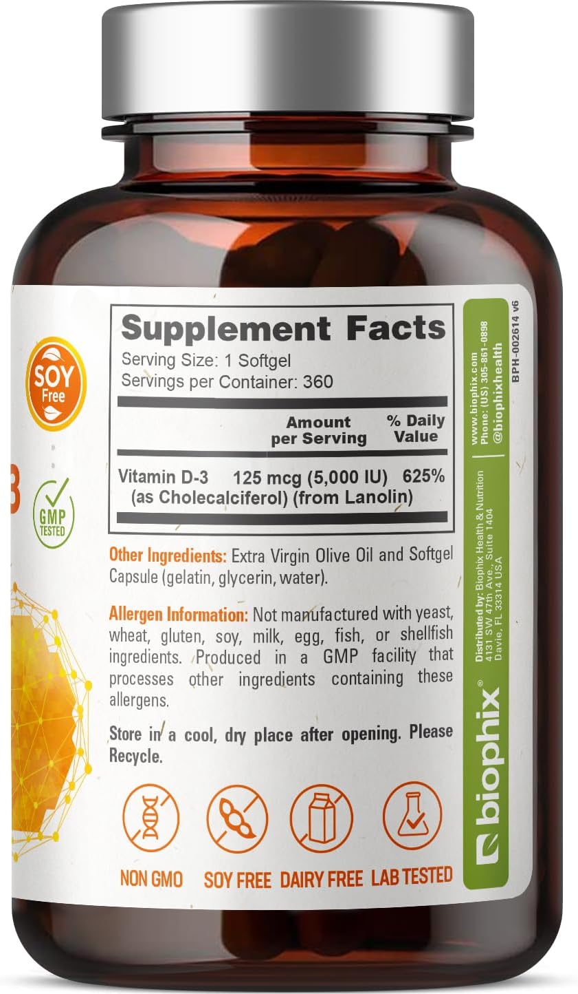 360 High-Potency Vitamin D-3 5000 IU Softgels with Extra Virgin Olive Oil - Non-GMO & Soy-Free for Strong Bones & Immune Health