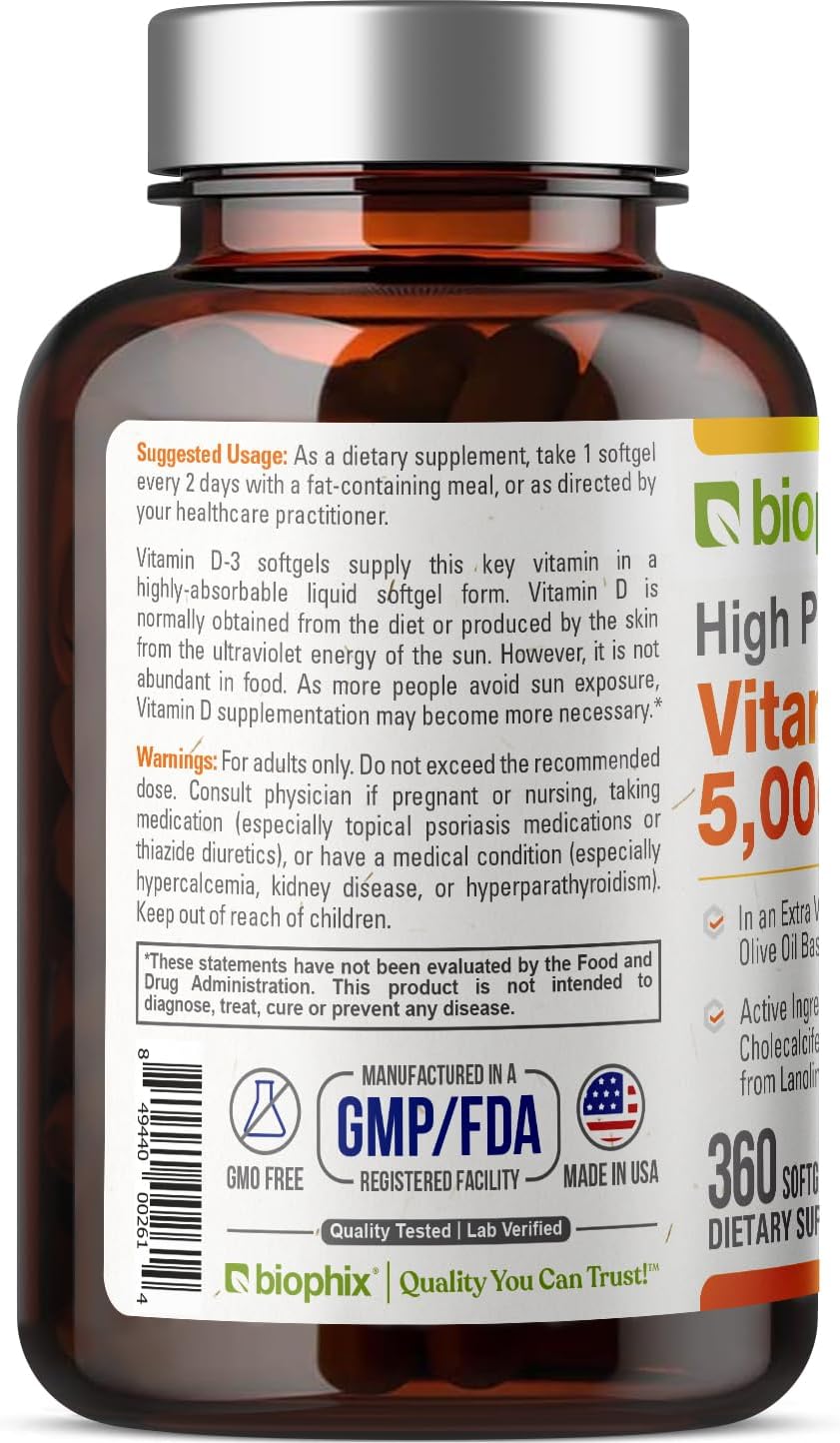 360 High-Potency Vitamin D-3 5000 IU Softgels with Extra Virgin Olive Oil - Non-GMO & Soy-Free for Strong Bones & Immune Health
