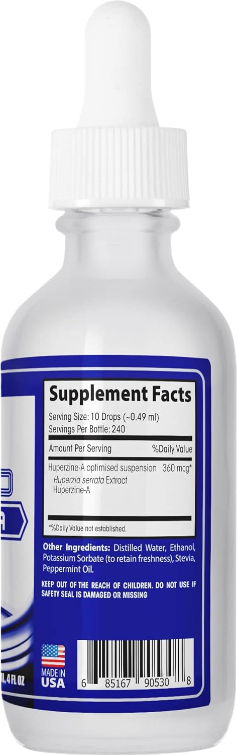 360 mcg Huperzine-A Liquid Supplement - 4 Oz, 240 Servings - Made in USA - Quick Absorption - Potent Ingredients - Third-Party Tested - GMP Certified - Cruelty-Free