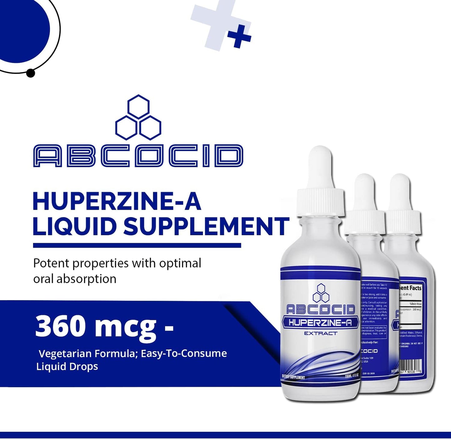 360 mcg Huperzine-A Liquid Supplement - 4 Oz, 240 Servings - Made in USA - Quick Absorption - Potent Ingredients - Third-Party Tested - GMP Certified - Cruelty-Free