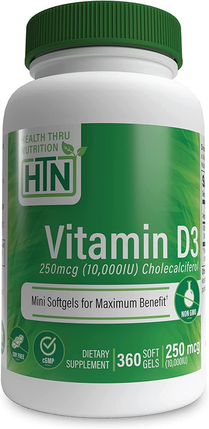 360 Mini Softgels Health Thru Nutrition Vitamin D3 10,000iu for Immune Support | Non-GMO Cholecalciferol | USP Grade EVOO | 3rd Party Tested