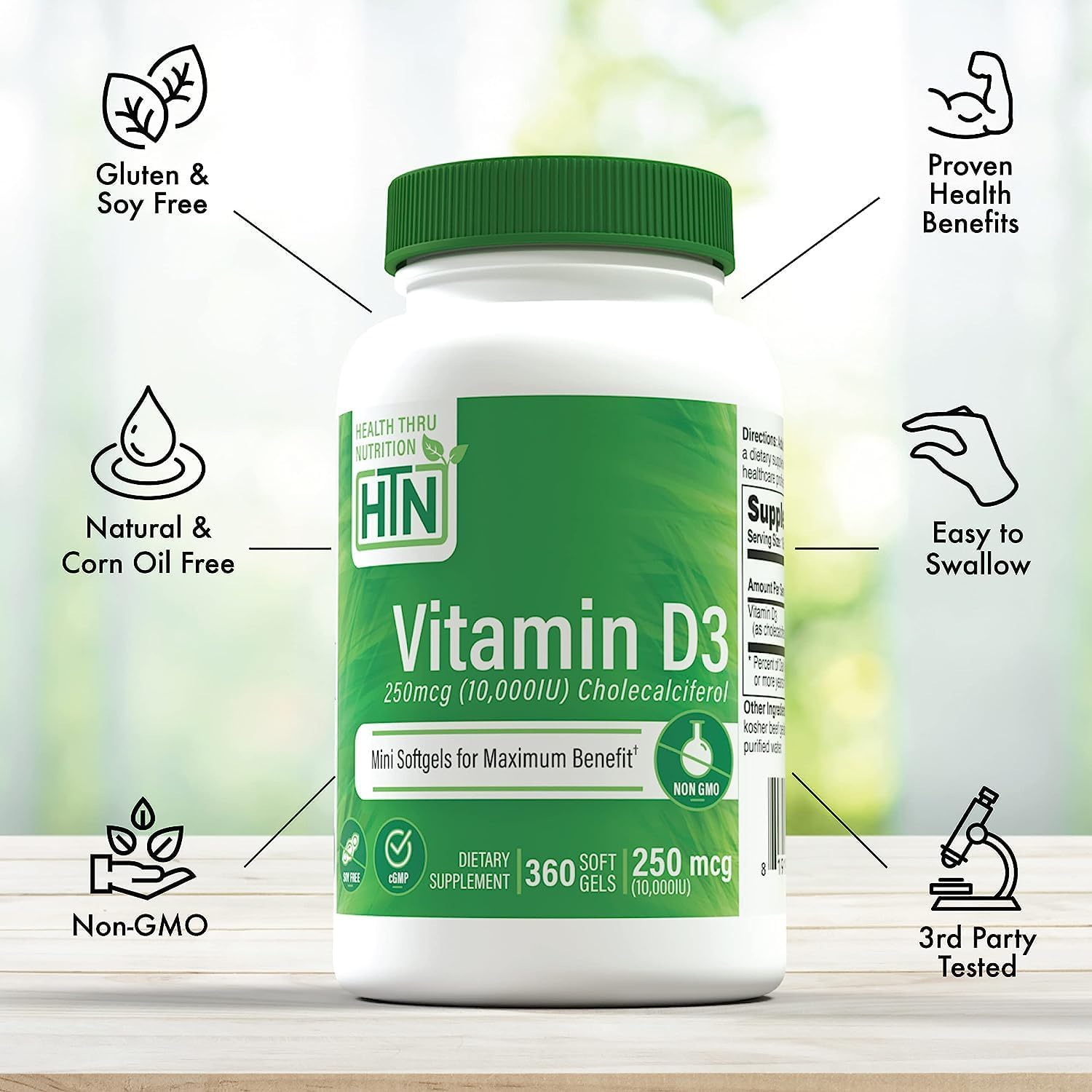 360 Mini Softgels Health Thru Nutrition Vitamin D3 10,000iu for Immune Support | Non-GMO Cholecalciferol | USP Grade EVOO | 3rd Party Tested