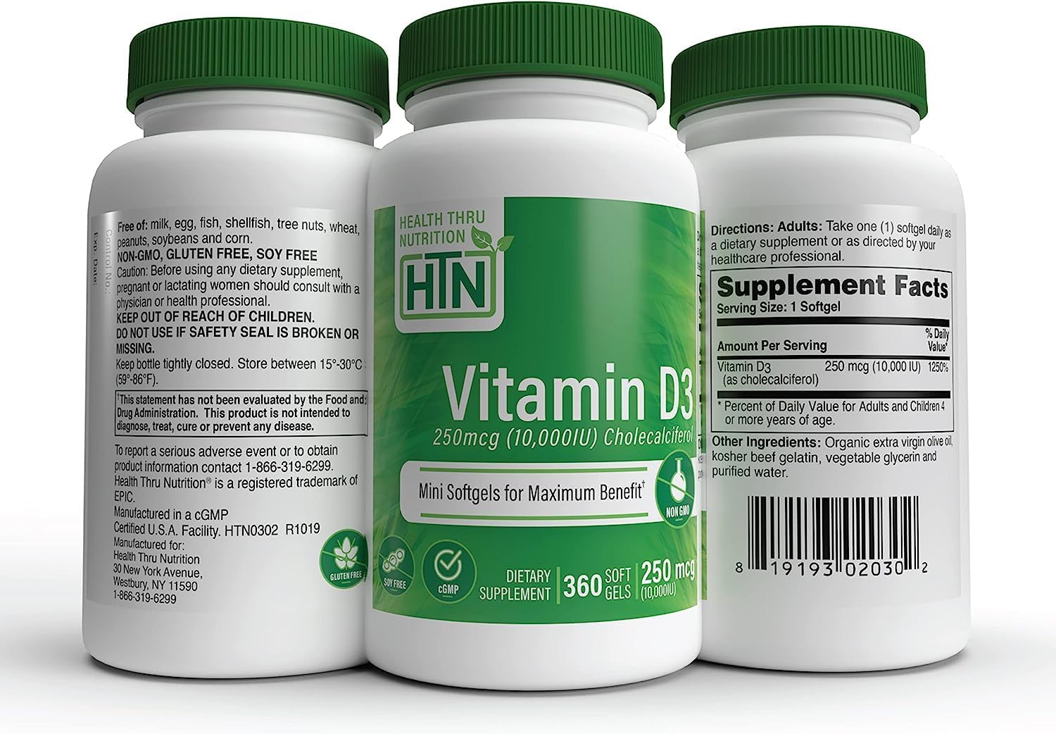 360 Mini Softgels Health Thru Nutrition Vitamin D3 10,000iu for Immune Support | Non-GMO Cholecalciferol | USP Grade EVOO | 3rd Party Tested