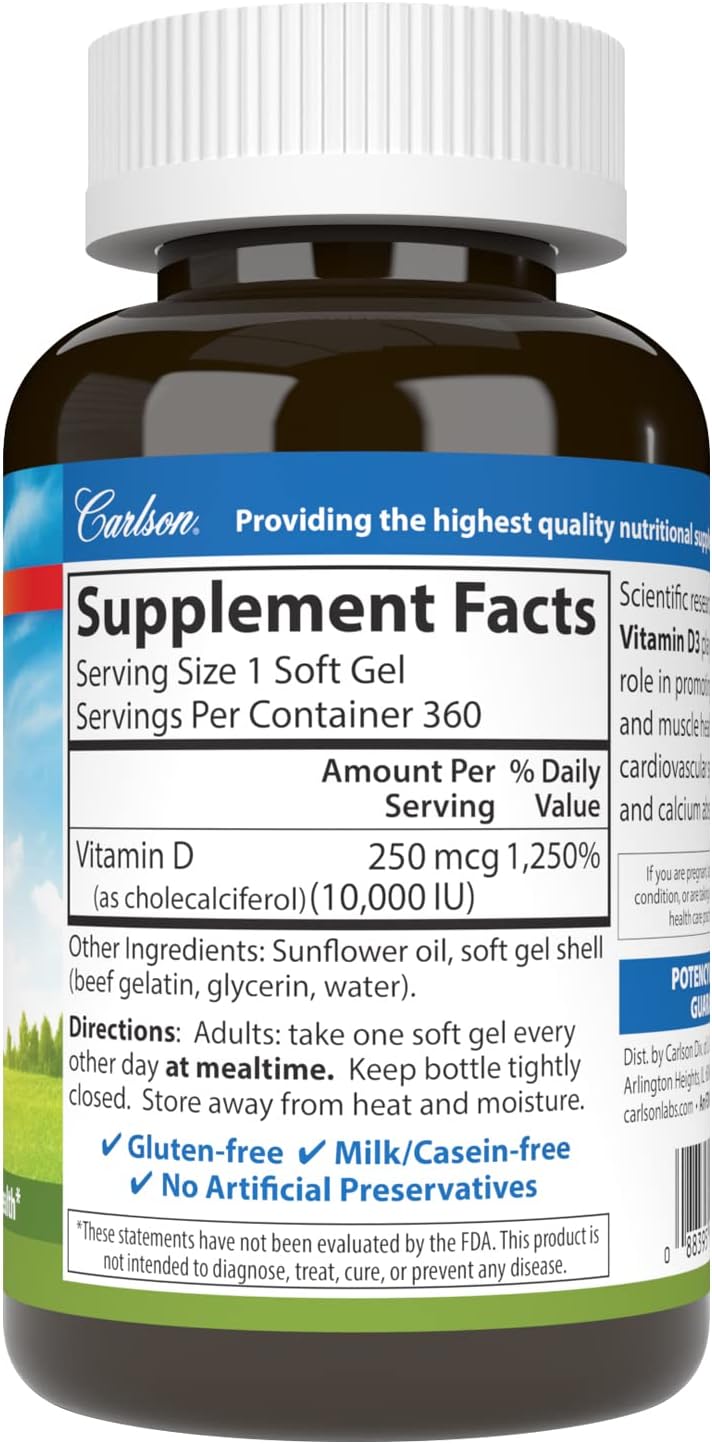 360 Soft Gels of Carlson Vitamin D3 10,000 IU (250 mcg) for Bone and Immune Health