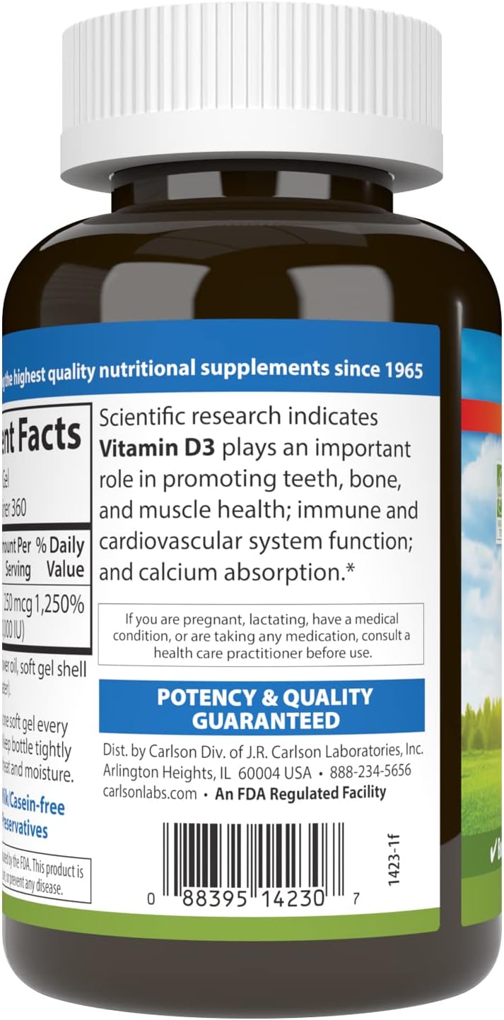 360 Soft Gels of Carlson Vitamin D3 10,000 IU (250 mcg) for Bone and Immune Health