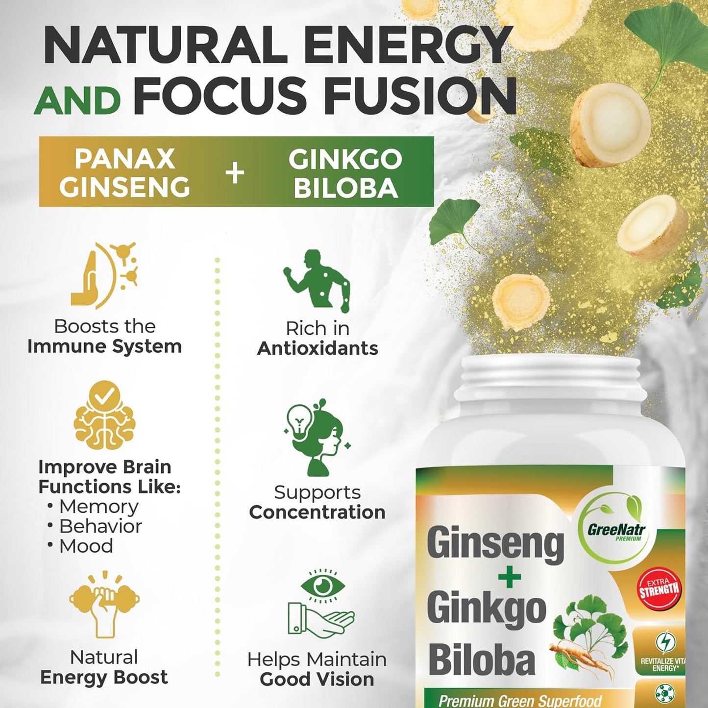 360 Tablets GreeNatr Ginko Biloba & Panax Ginseng Supplement for Memory, Focus, Vision, Immune System & Blood Flow