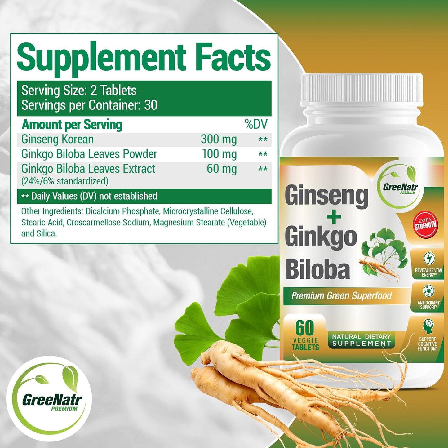 360 Tablets GreeNatr Ginko Biloba & Panax Ginseng Supplement for Memory, Focus, Vision, Immune System & Blood Flow