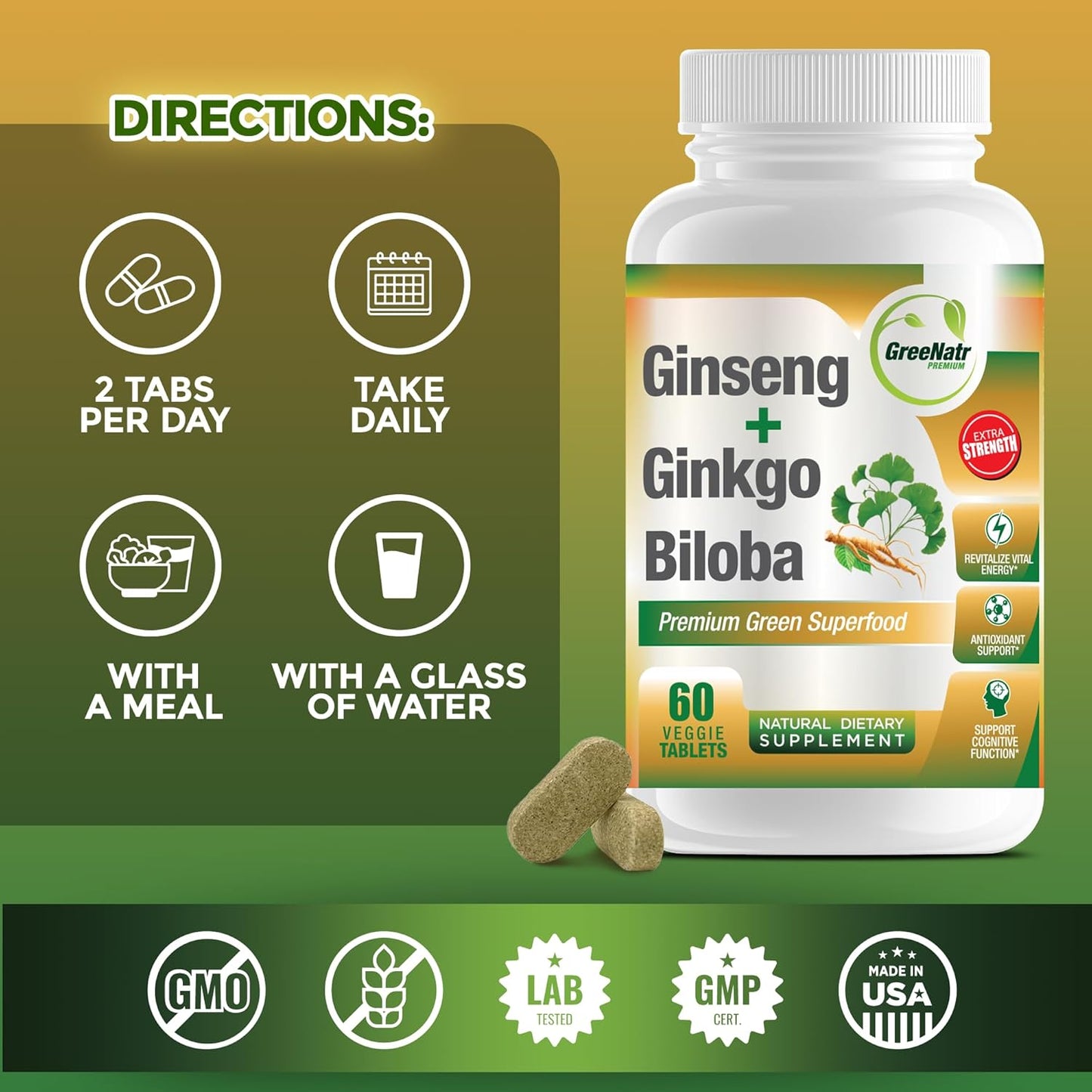 360 Tablets GreeNatr Ginko Biloba & Panax Ginseng Supplement for Memory, Focus, Vision, Immune System & Blood Flow