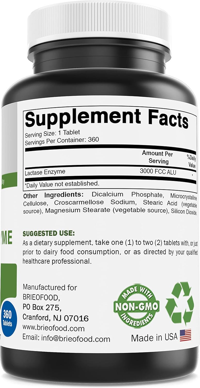 360 Tablets of Brieofood Lactase Enzyme Pills - 3000 FCC ALU, Non-GMO & Gluten Free - 360 Servings
