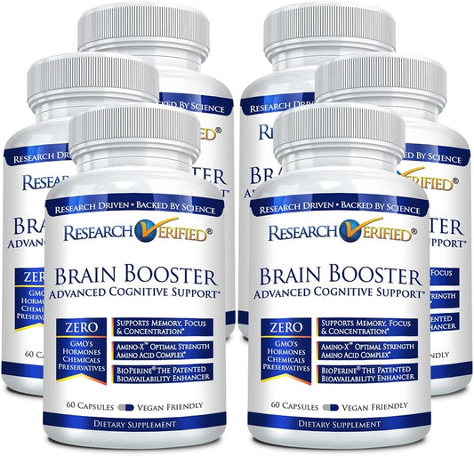 360 Vegan Brain Booster Capsules - Cognitive Function Nootropic Supplement - 6 Bottles of Research Verified Brain Support