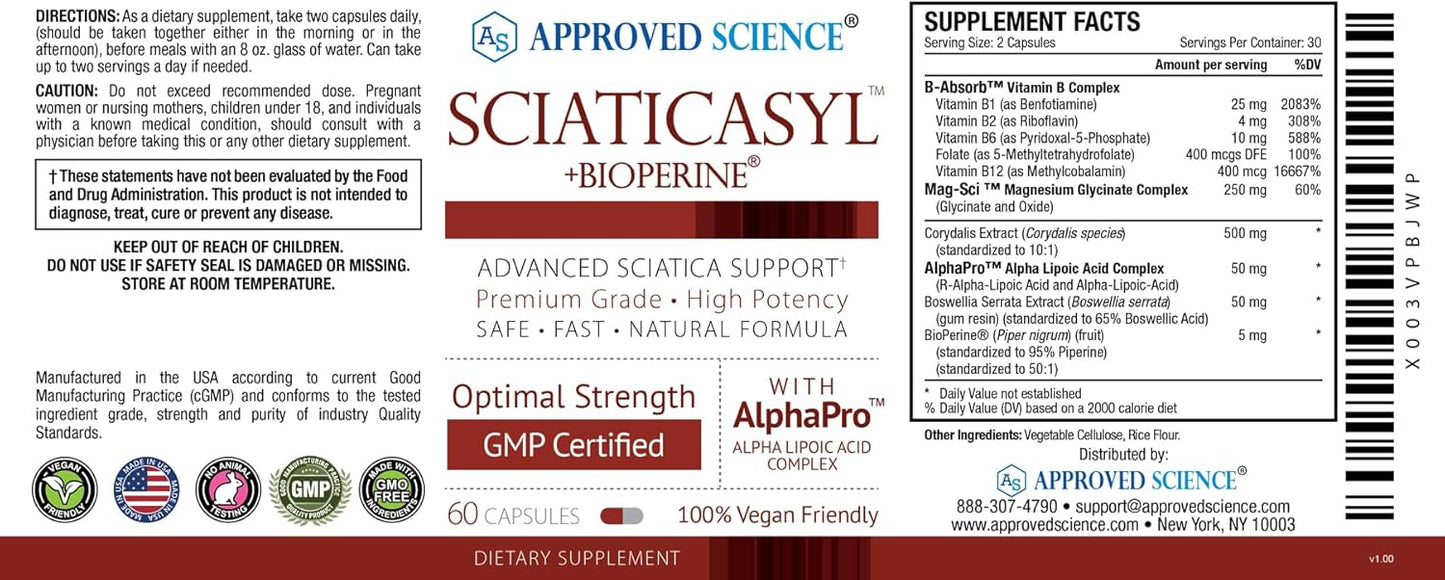360 Vegan Capsules for Optimal Sciatic Nerve Support with B Vitamins, Magnesium, and Alpha-Lipoic Acid - Approved Science Sciaticasyl with BioPerine