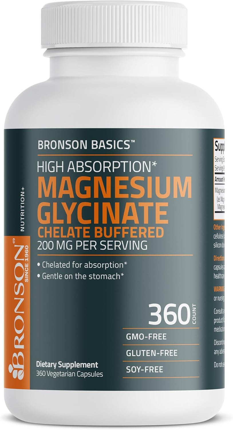 360 Vegetarian Capsules of Bronson Magnesium Glycinate 200mg for High Absorption, Chelated & Gentle on Stomach, Non-GMO