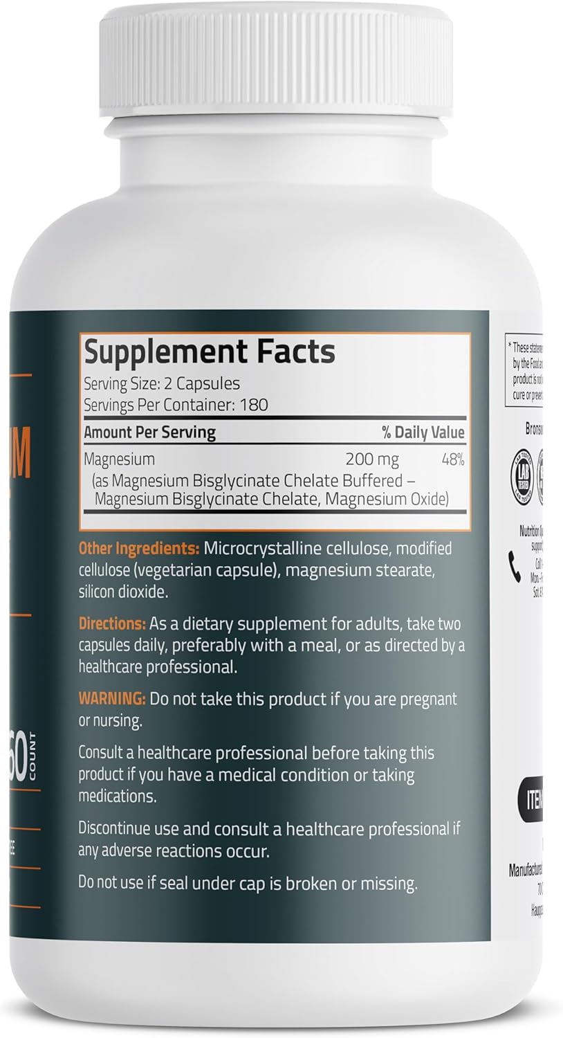 360 Vegetarian Capsules of Bronson Magnesium Glycinate 200mg for High Absorption, Chelated & Gentle on Stomach, Non-GMO