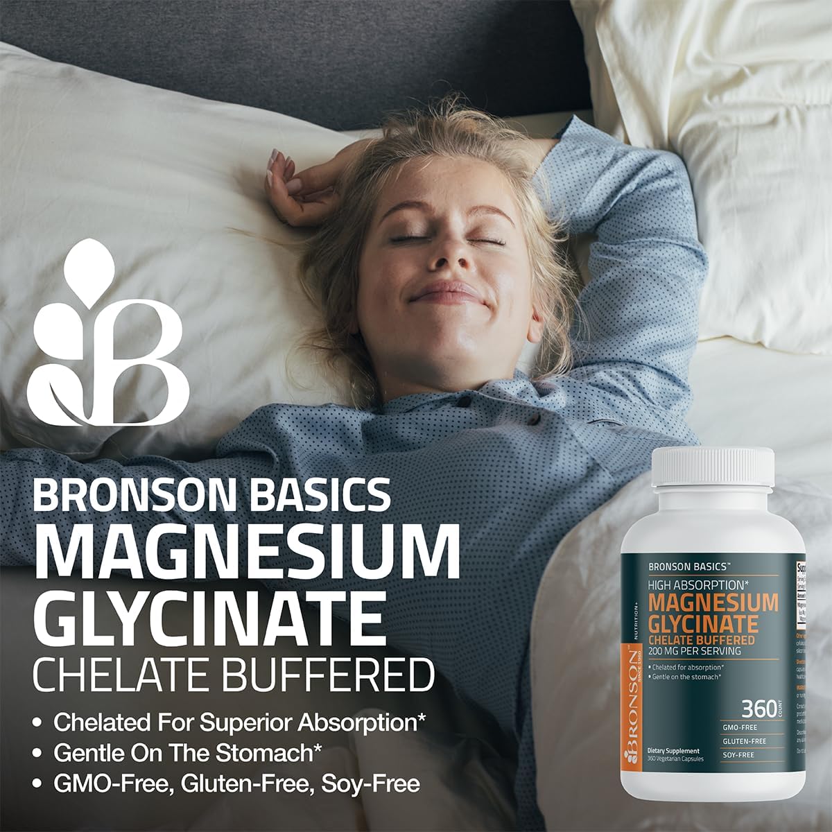 360 Vegetarian Capsules of Bronson Magnesium Glycinate 200mg for High Absorption, Chelated & Gentle on Stomach, Non-GMO