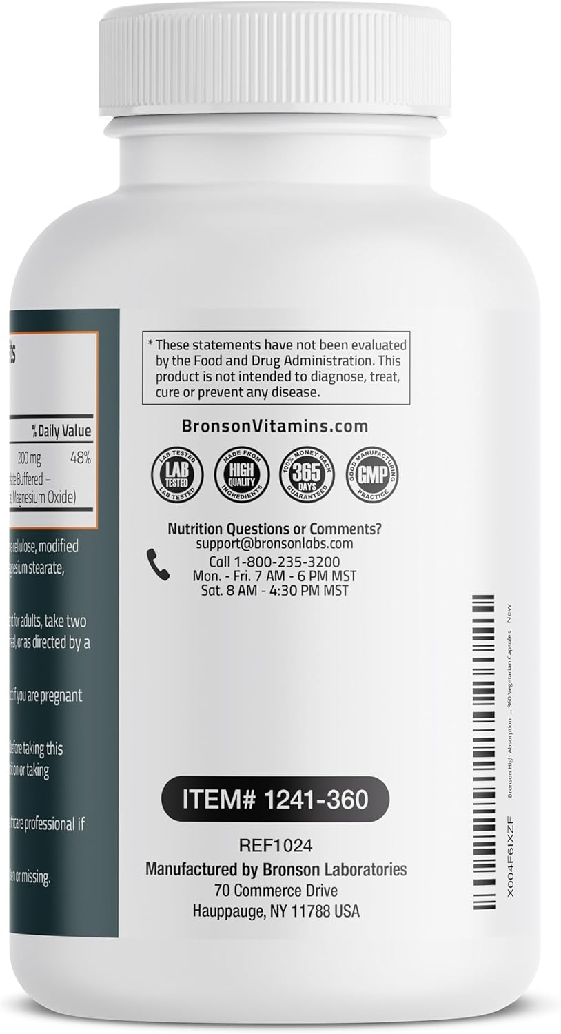 360 Vegetarian Capsules of Bronson Magnesium Glycinate 200mg for High Absorption, Chelated & Gentle on Stomach, Non-GMO