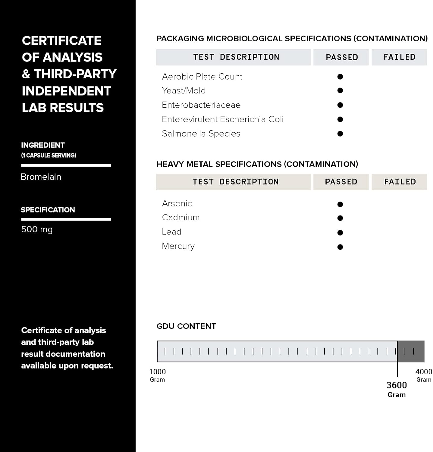 3600 GDU Bromelain 500mg Capsules - Ultra Strength & Bioavailable - 120 Vegetarian Capsules - Third-Party Tested - High Concentration Formula