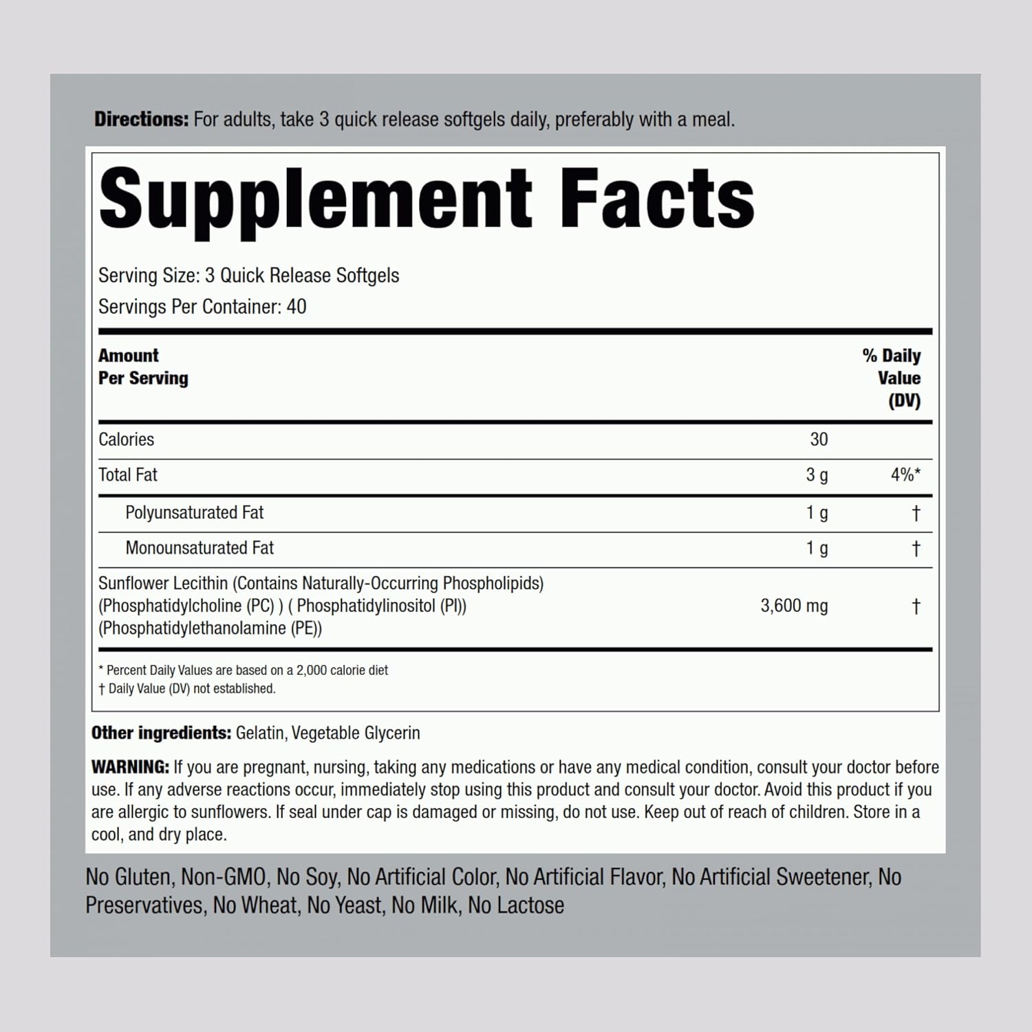 3600 mg Sunflower Lecithin Softgel Capsules | 120 Count | Phosphatidylcholine Rich | Soy Free, Non-GMO, Gluten Free