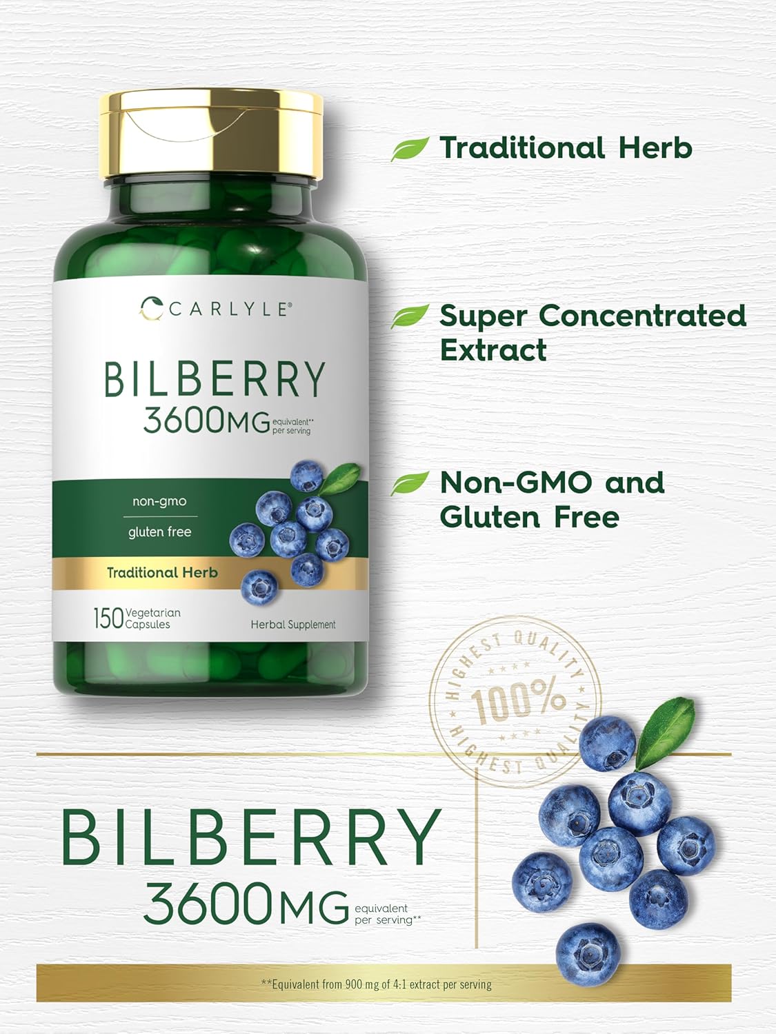 3600mg Carlyle Bilberry Extract Capsules - 150 Count - Vegetarian, Non-GMO & Gluten Free Fruit Supplement