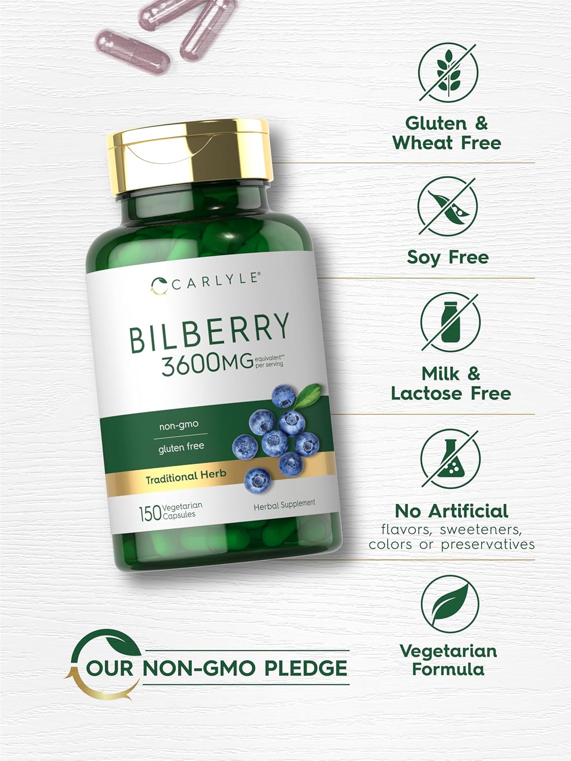 3600mg Carlyle Bilberry Extract Capsules - 150 Count - Vegetarian, Non-GMO & Gluten Free Fruit Supplement