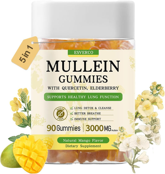 3600mg Mullein Leaf Extract Gummies for Lung Cleanse & Immune Health - Elderberry, Quercetin, Bromelain, Vitamin C&D3 - Vegan, No Sugar - 90 Count