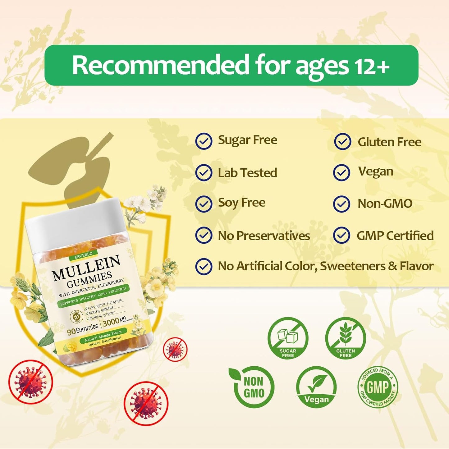 3600mg Mullein Leaf Extract Gummies for Lung Cleanse & Immune Health - Elderberry, Quercetin, Bromelain, Vitamin C&D3 - Vegan, No Sugar - 90 Count