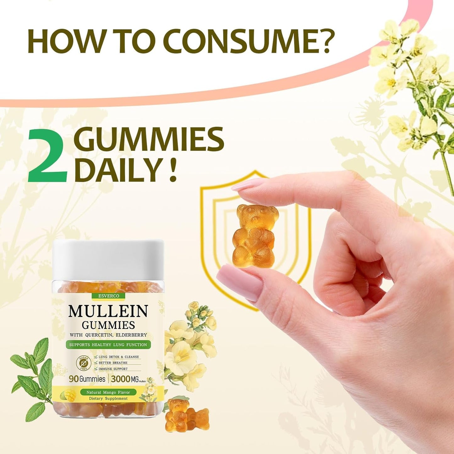 3600mg Mullein Leaf Extract Gummies for Lung Cleanse & Immune Health - Elderberry, Quercetin, Bromelain, Vitamin C&D3 - Vegan, No Sugar - 90 Count
