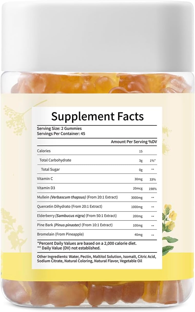 3600mg Mullein Leaf Extract Gummies for Lung Cleanse & Immune Health - Elderberry, Quercetin, Bromelain, Vitamin C&D3 - Vegan, No Sugar - 90 Count