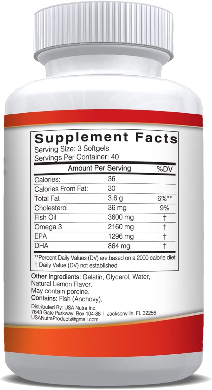 3600mg Omega 3 Fish Oil Supplement with EPA and DHA for Joint, Brain, and Heart Health - 120 Softgels for Men and Women