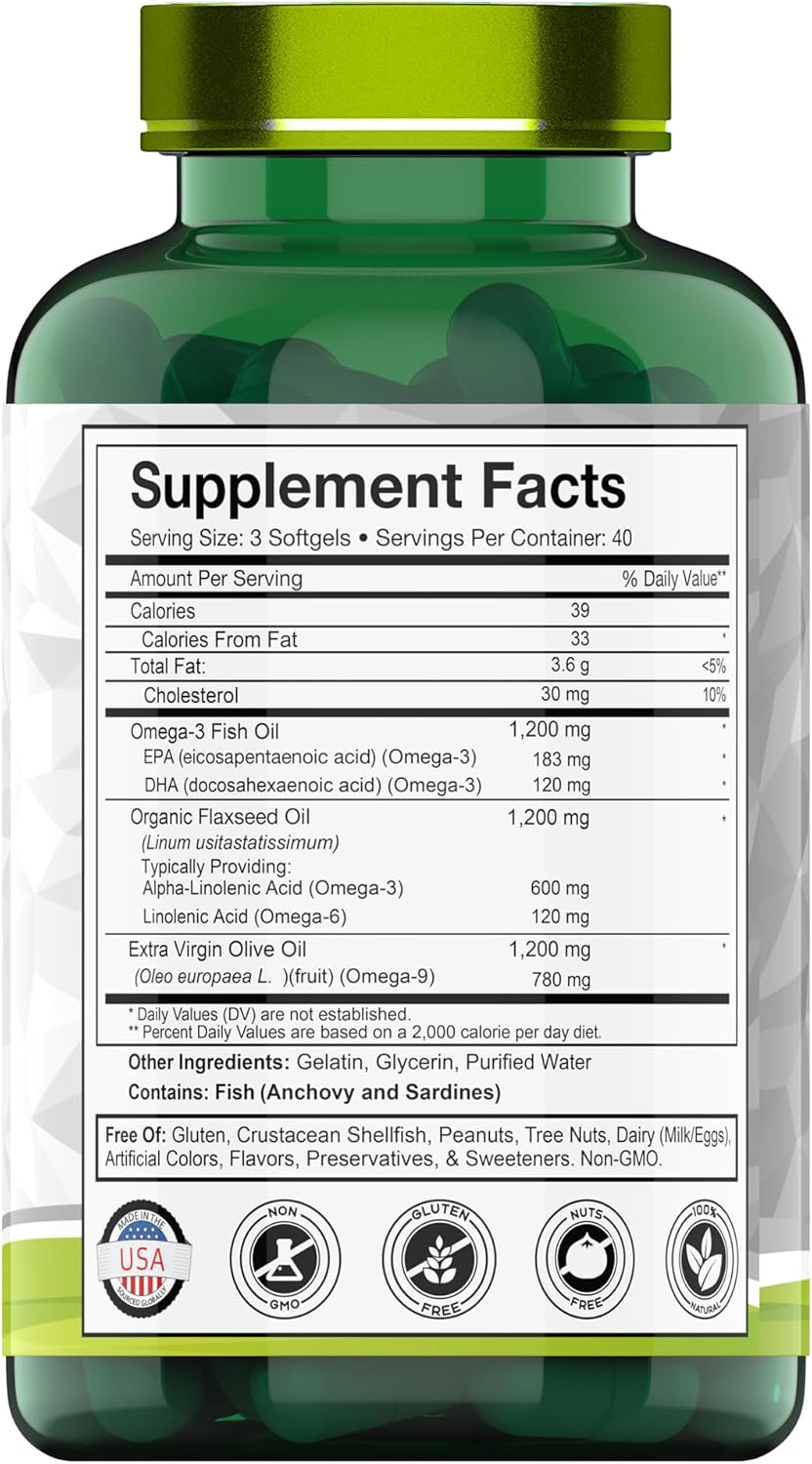 3600mg Triple Omega 3-6-9 Softgels for Men & Women | Fish, Flaxseed, & Olive Oil | EPA, DHA, ALA, LA | Non-GMO Omega Supplement