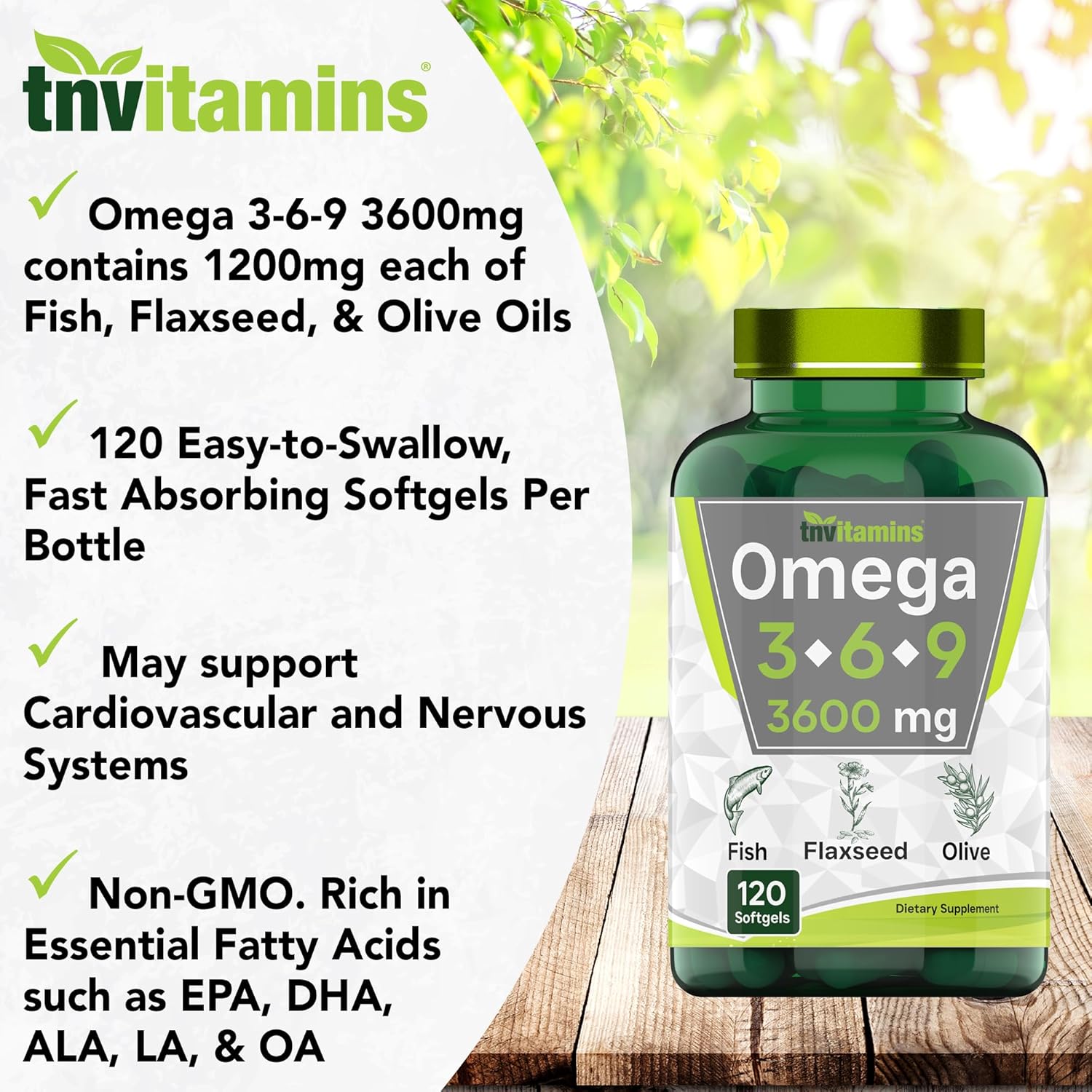 3600mg Triple Omega 3-6-9 Softgels for Men & Women | Fish, Flaxseed, & Olive Oil | EPA, DHA, ALA, LA | Non-GMO Omega Supplement