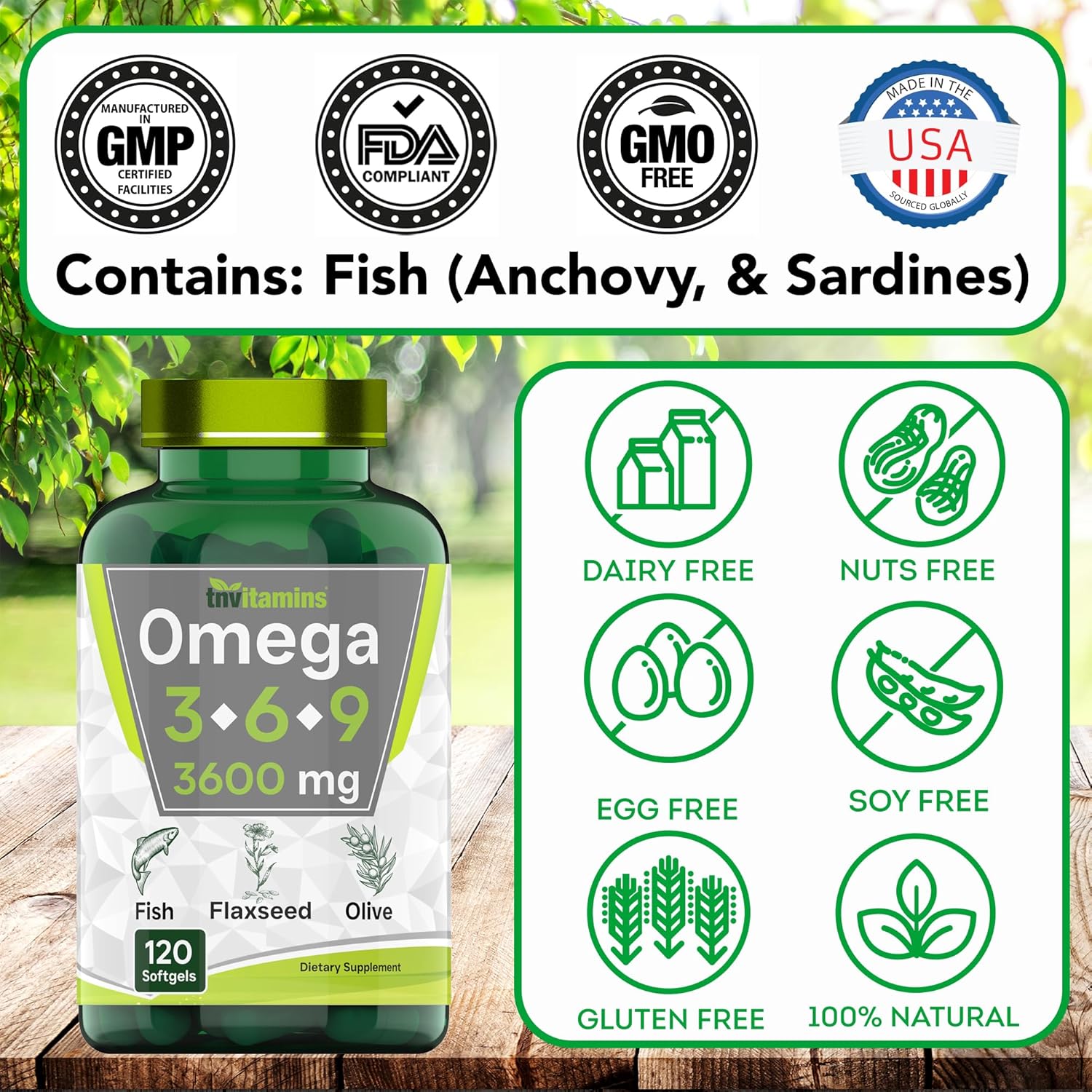3600mg Triple Omega 3-6-9 Softgels for Men & Women | Fish, Flaxseed, & Olive Oil | EPA, DHA, ALA, LA | Non-GMO Omega Supplement
