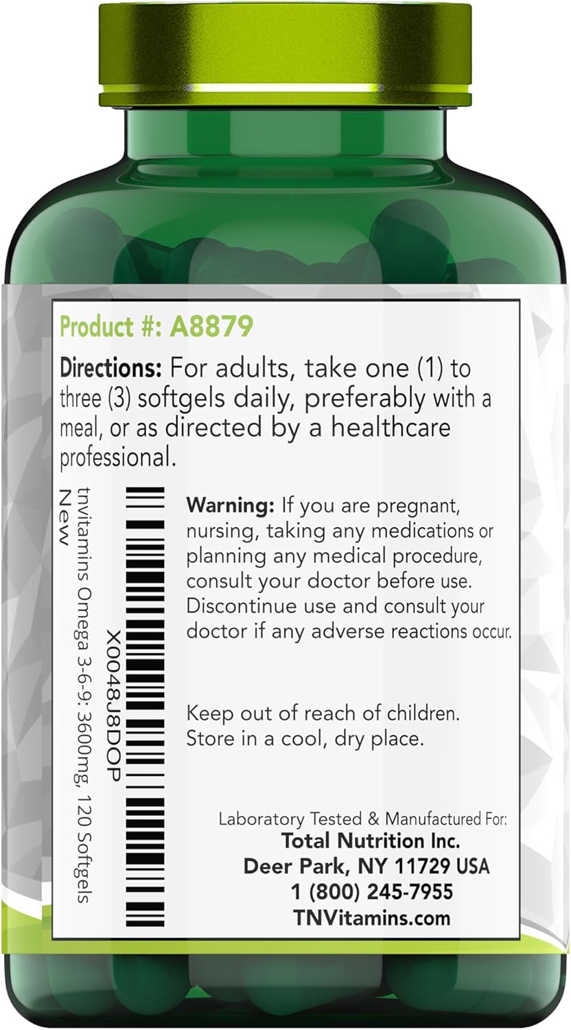 3600mg Triple Omega 3-6-9 Softgels for Men & Women | Fish, Flaxseed, & Olive Oil | EPA, DHA, ALA, LA | Non-GMO Omega Supplement