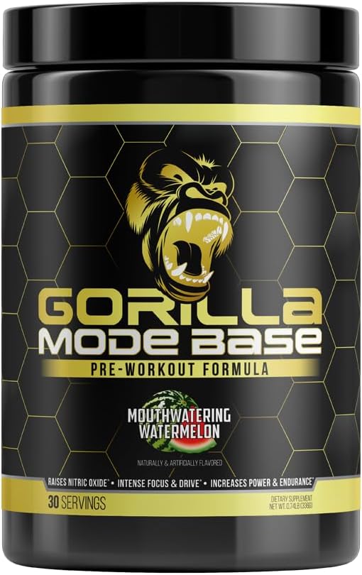 360g Gorilla Mind Base Pre Workout Supplement - Boosts Nitric Oxide, Focus, Endurance, Power - L-Citrulline, L-Tyrosine, Betaine, Alpha-GPC, Caffeine, Huperzine A - Watermelon Flavor
