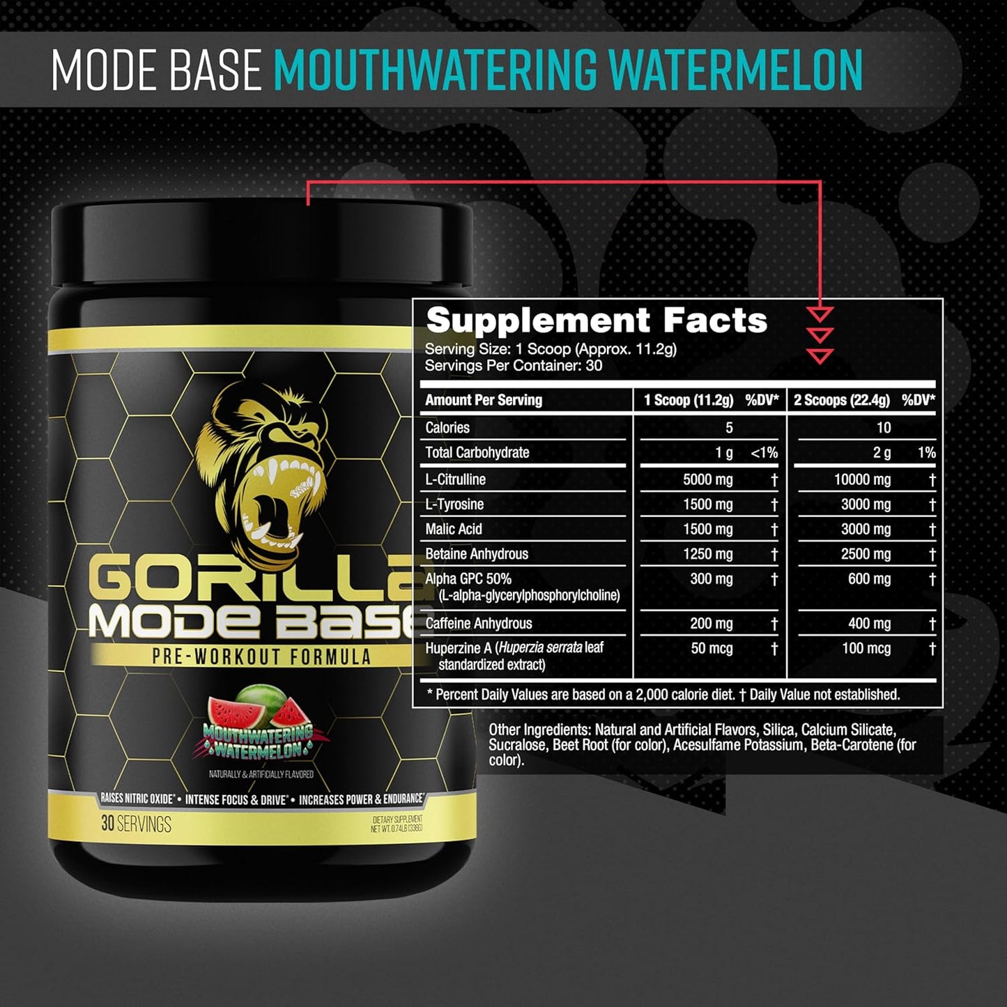 360g Gorilla Mind Base Pre Workout Supplement - Boosts Nitric Oxide, Focus, Endurance, Power - L-Citrulline, L-Tyrosine, Betaine, Alpha-GPC, Caffeine, Huperzine A - Watermelon Flavor