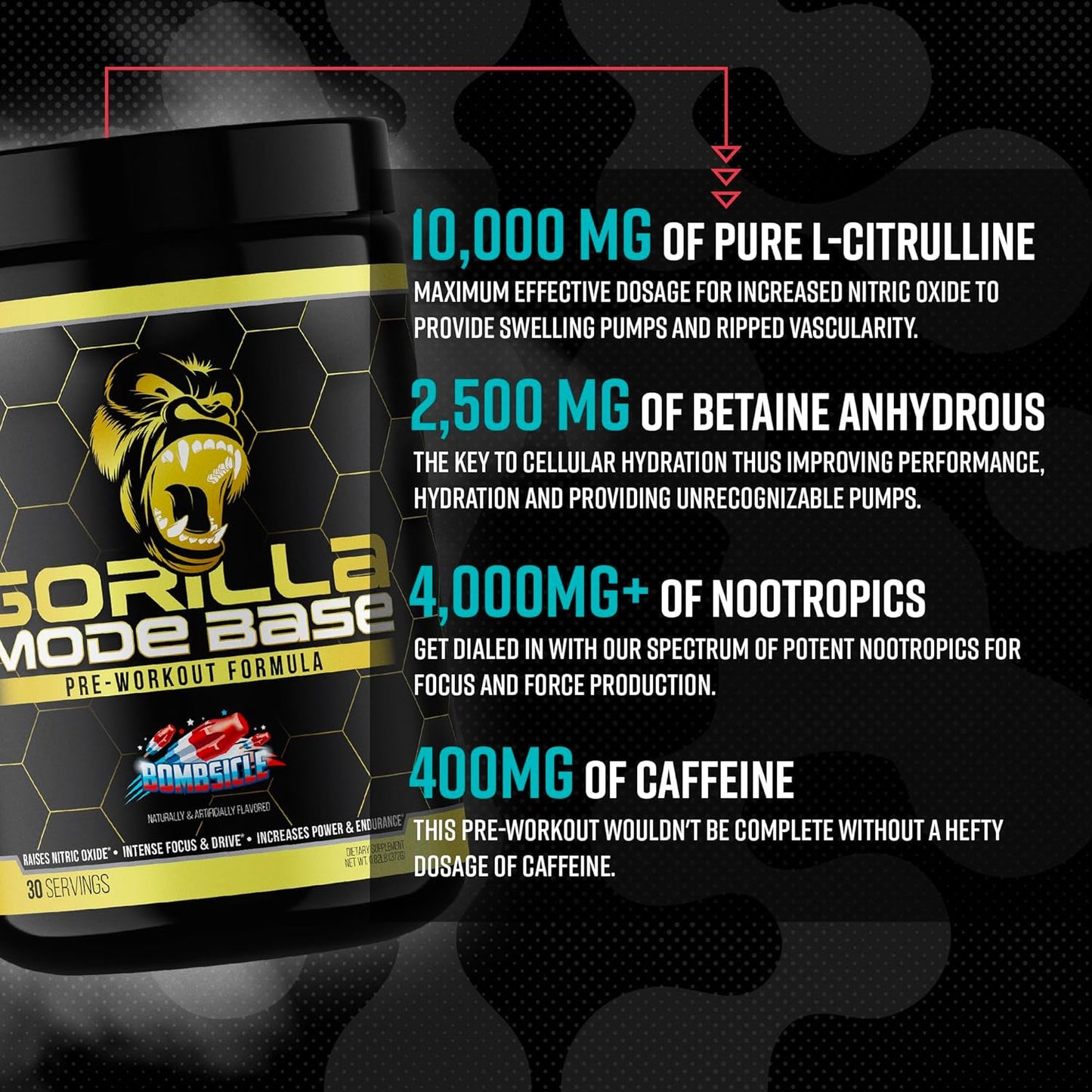 360g Gorilla Mind Base Pre Workout Supplement - Boosts Nitric Oxide, Focus, Endurance, Power - L-Citrulline, L-Tyrosine, Betaine, Alpha-GPC, Caffeine, Huperzine A - Watermelon Flavor