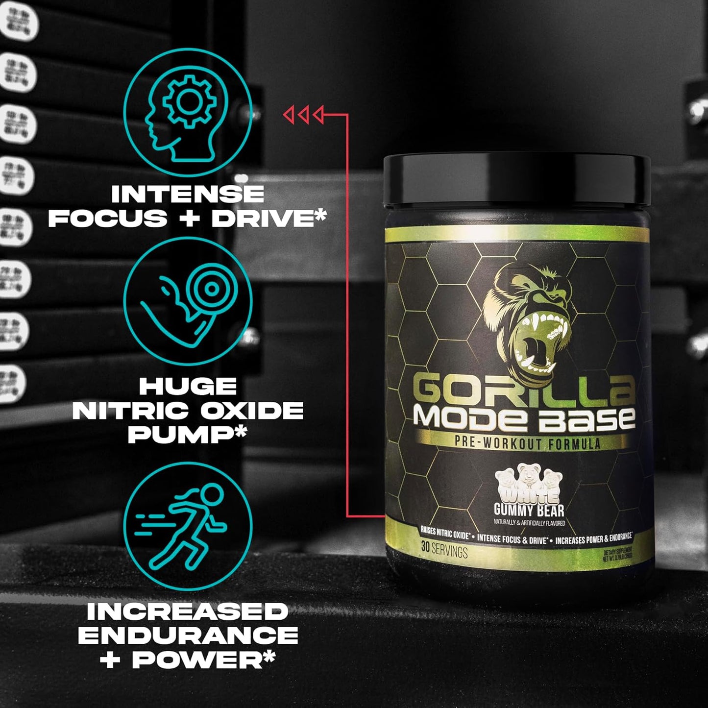 360g Gorilla Mind Base Pre Workout Supplement - Boosts Nitric Oxide, Focus, Endurance, Power - L-Citrulline, L-Tyrosine, Betaine, Alpha-GPC, Caffeine, Huperzine A - Watermelon Flavor
