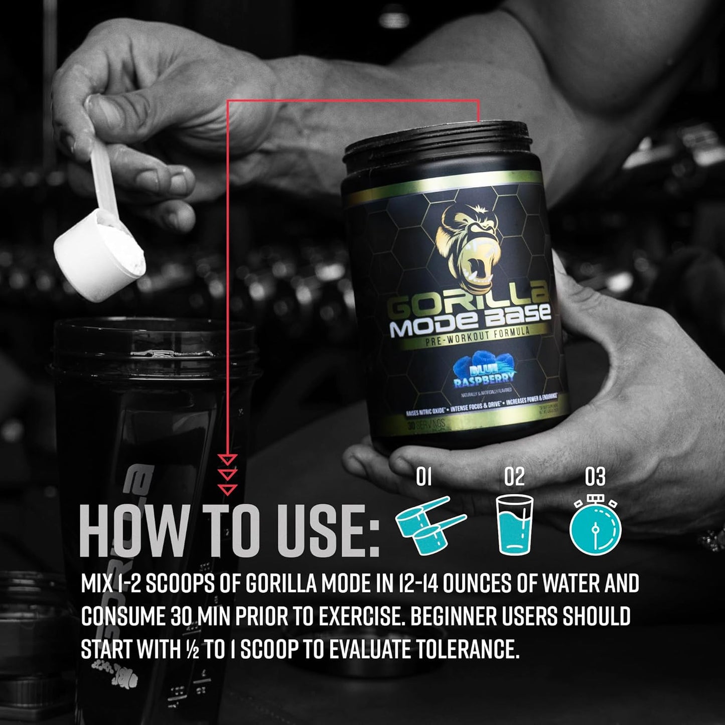 360g Gorilla Mind Base Pre Workout Supplement - Boosts Nitric Oxide, Focus, Endurance, Power - L-Citrulline, L-Tyrosine, Betaine, Alpha-GPC, Caffeine, Huperzine A - Watermelon Flavor
