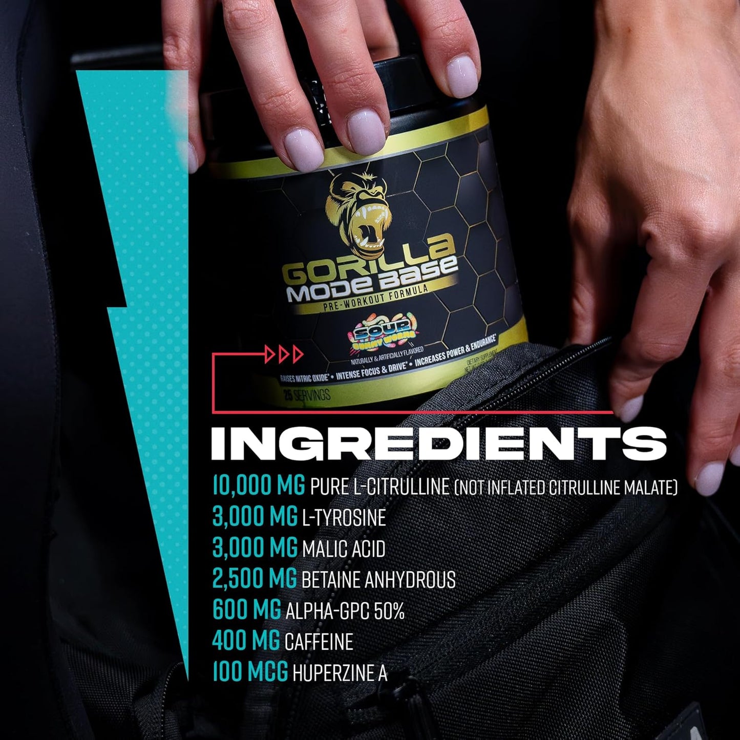 360g Gorilla Mind Base Pre Workout Supplement - Boosts Nitric Oxide, Focus, Endurance, Power - L-Citrulline, L-Tyrosine, Betaine, Alpha-GPC, Caffeine, Huperzine A - Watermelon Flavor