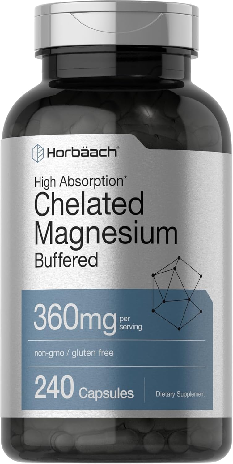 360mg Horbäach Chelated Magnesium Capsules - 240 Count - Non-GMO & Gluten Free Supplement