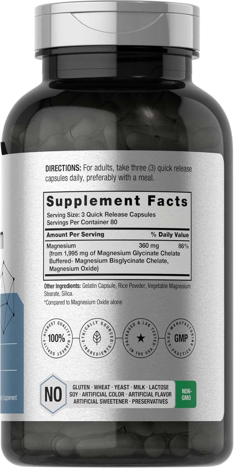 360mg Horbäach Chelated Magnesium Capsules - 240 Count - Non-GMO & Gluten Free Supplement